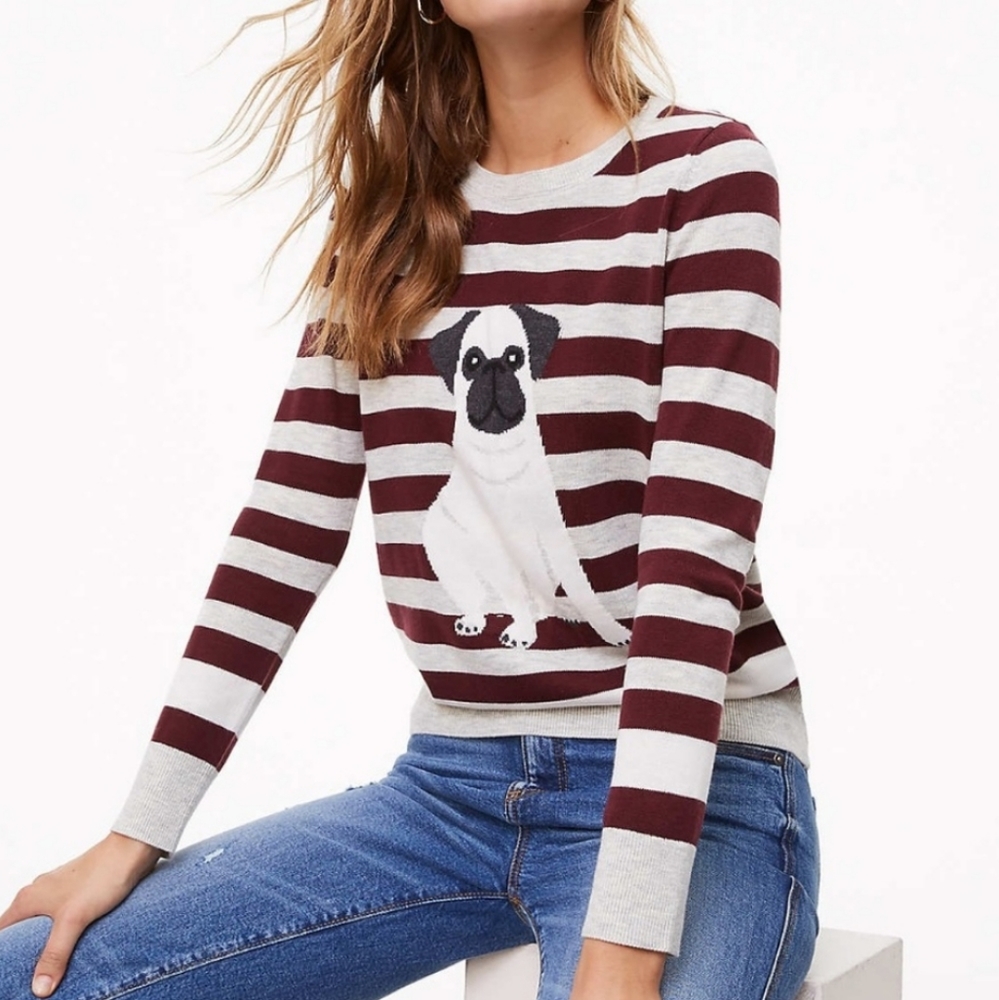 Loft Red & Gray Striped Pug Sweater